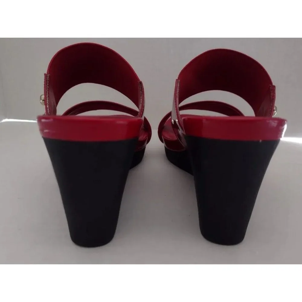 Lauren Ralph Lauren Rhianna Wedge Heels Size 5.5 B Red Slide Leather Sandals - Picture 5 of 10
